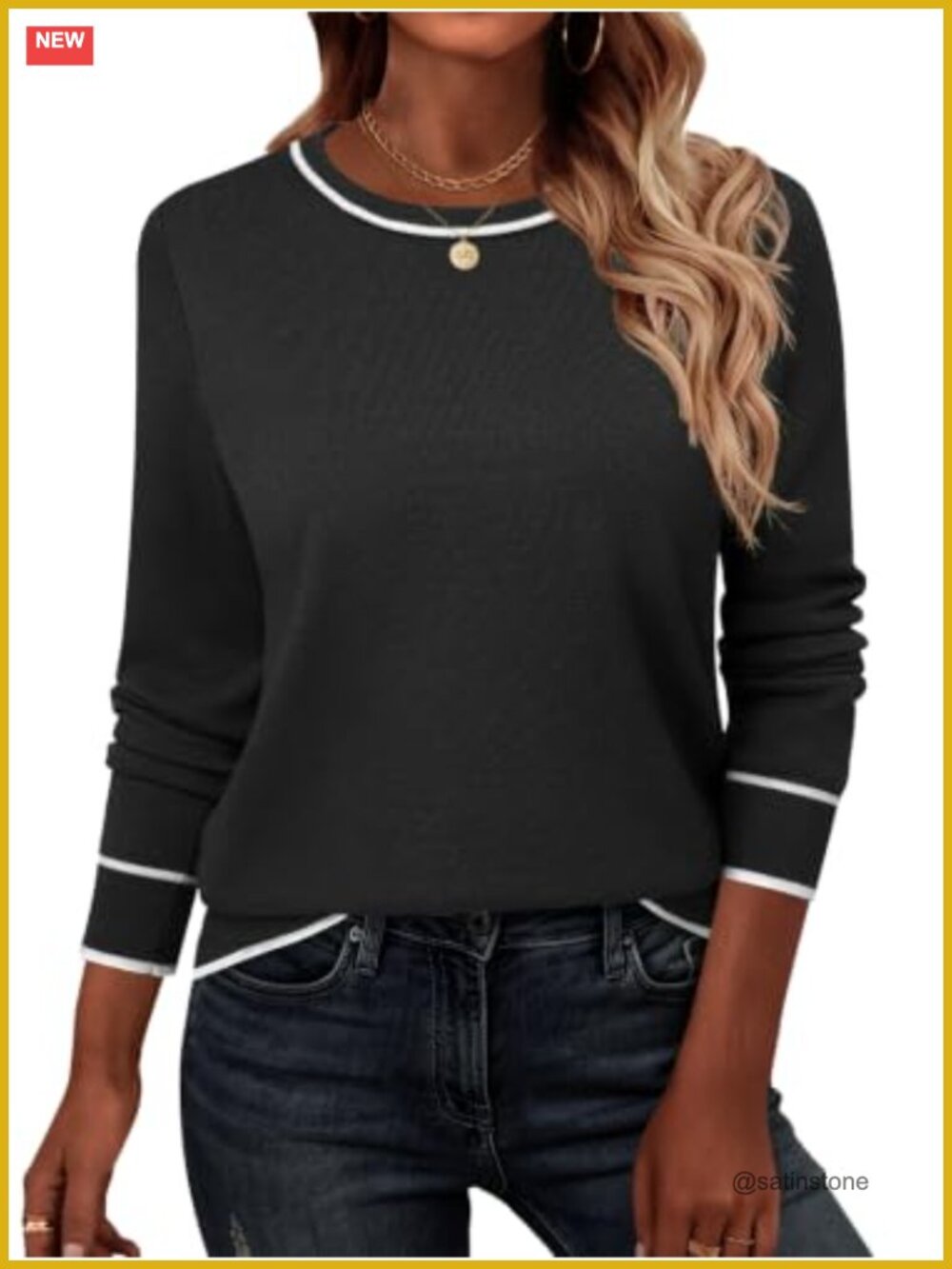 Women's Long Sleeve Crew Neck Color Block Pullover Sweater Loose Fit Knit Top